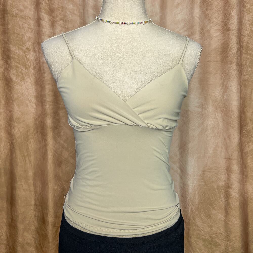 Vintage 90s Y2K Love Kisses Beige Empire Waist Tank Top Faux Wrap Indie Sleaze